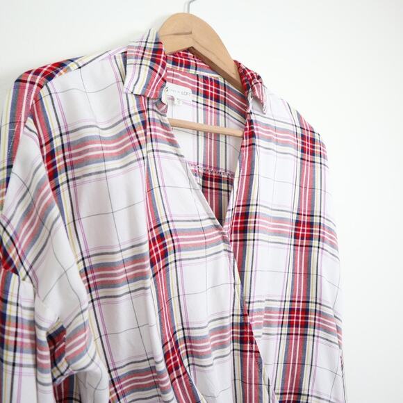 Lou and Grey Size XS V Neck Surplice Wrap Blouse Plaid White Red - Picture 5 of 11